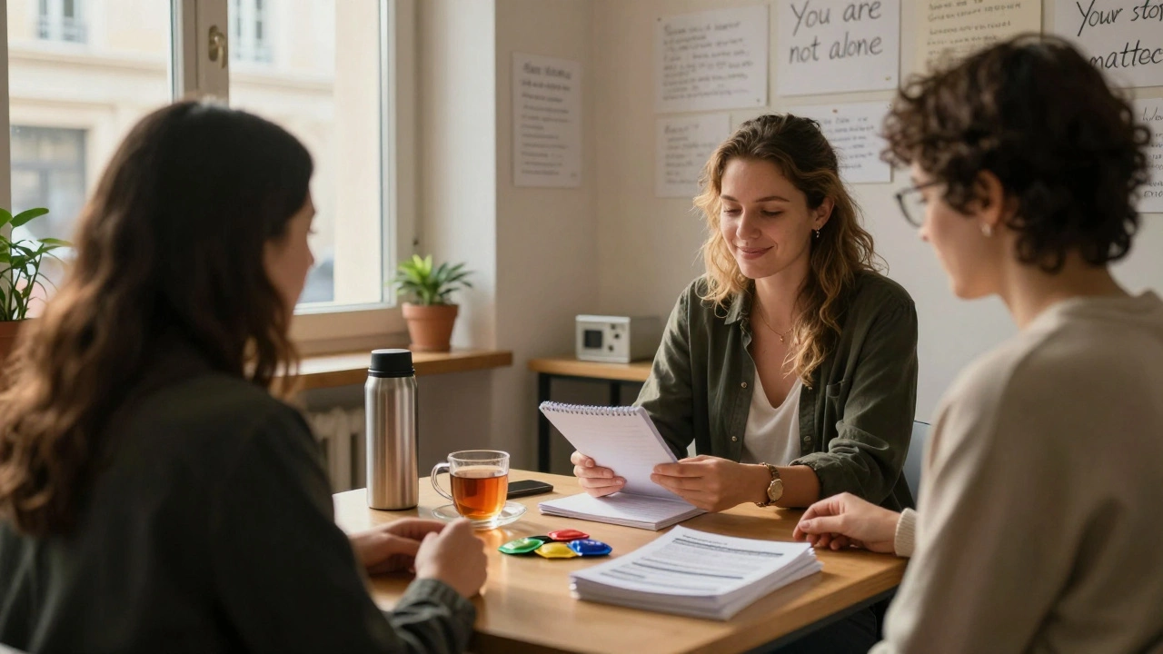 A former sex worker trains social workers in a Marseille community center, offering tea and a notebook under warm afternoon light.
