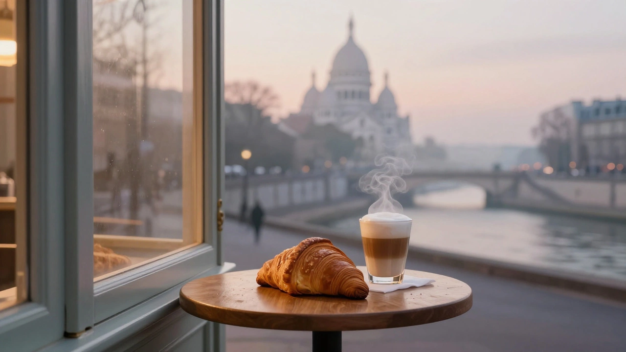 Empty bakery at dawn with croissant and coffee under soft morning light near the Seine.
