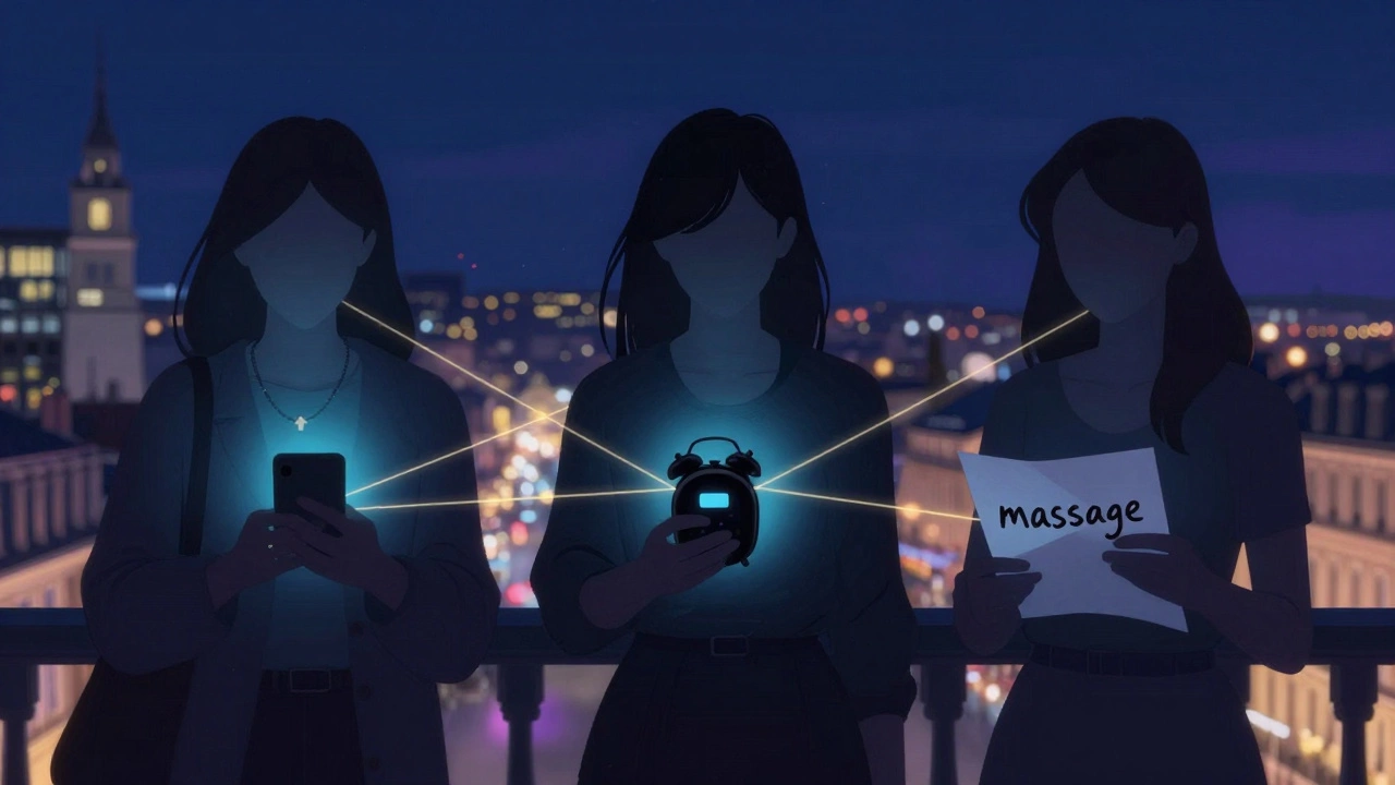 Three women in shadowed cities connected by glowing threads, holding tools of survival: encrypted phone, alarm device, handwritten note.