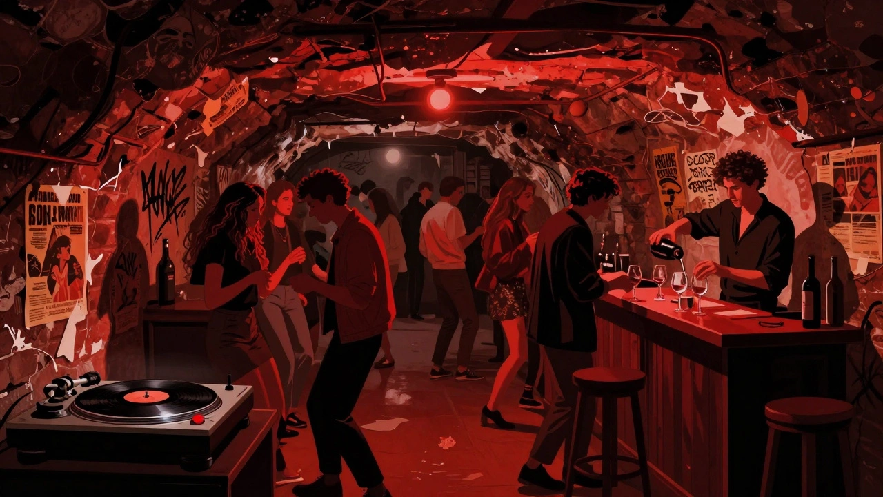 Underground music venue beneath Canal Saint-Martin with vinyl spinning and patrons dancing in dim red light.